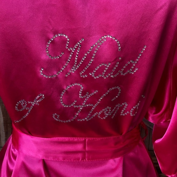 Maid of Honor Rhinestone Fuchsia Pink Satin Robe & Belt David’s Bridal Size S-M - Picture 4 of 7